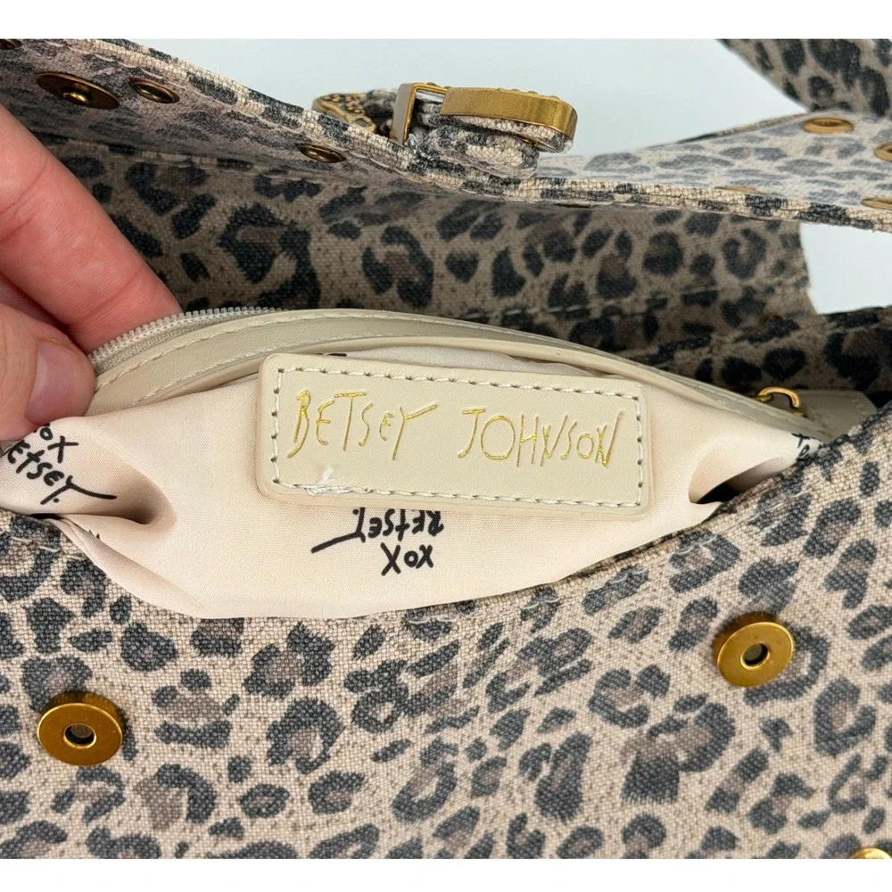 Betsey Johnson Leopard Print Baguette Shoulder Bag Grommet Western Buckle Tan